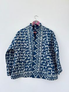 kantha quilted short kimono women's wear jacket gift for her Item details :- Color:- Blue Measurement:- All Size M size Chest - 42 inches Length - 24 inches Sleeves - 16 inches L size Chest-44 inches Length- 26 inches Sleeves -17 inches XL size Chest - 46 inches Length - 26 inches Sleeves - 19 inches Handmade... For the very reason that each item has been handmade there is always an element of human error, whether it be a missed stitch or overlapping block print design. Yet for us the beauty is in the imperfection. These are the signs that mean your cushion or quilt hast been made by a machine. However, we think you are more likely to be amazed by how perfect a handmade product can be. Fair trade... Trading fairly at a fair price. Encouraging the growth and development of small craft produ Traditional Patterned Cotton Kimono, Traditional Multicolor Block Print Outerwear, Handmade Jacket, Indigo Cotton Patchwork Outerwear, Blue Long-sleeved Cotton Kimono, Long-sleeved Cotton Quilted Jacket With Patchwork, Indigo Prints, Kantha Jacket, Short Kimono