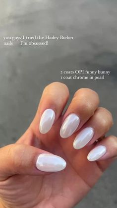 Hailey Bieber nails | nail inspo | fall nails | glazed donut nails | chrome nails | almond nails | OPI funny bunny | sns nails | nail trends | Funny Bunny White Chrome Nails, White Donut Glaze Nails, Pear White Nails, Simple Light Nails, White Bridesmaid Nails, Almond Hailey Beiber Nails, Neutral Summer Nails 2023, Getting Engaged Nails, Almond Nails Vs Oval Nails