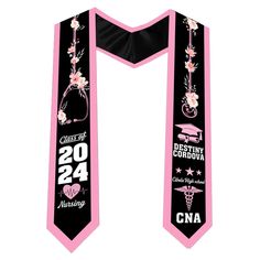 a pink and black graduation scarf with flowers on it