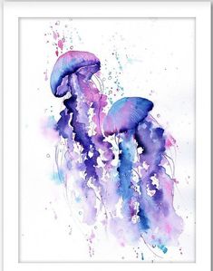 watercolor painting of jellyfish in purple and blue colors