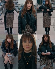 a collage of photos of a woman in black jacket and dress