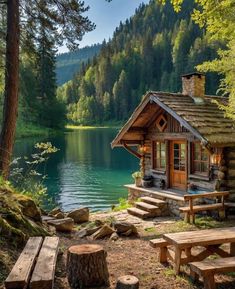 a log cabin sits on the shore of a lake surrounded by trees and logs with benches around it