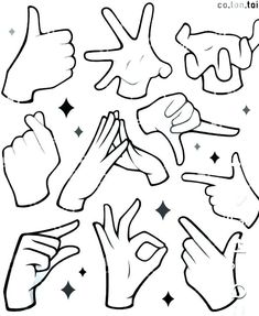 hand gestures drawn in black and white with stars on the bottom right corner, including fingers pointing