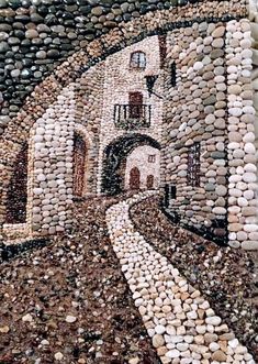 an artistic mosaic is shown in the shape of a cobblestone street with stone walls and arched doorways