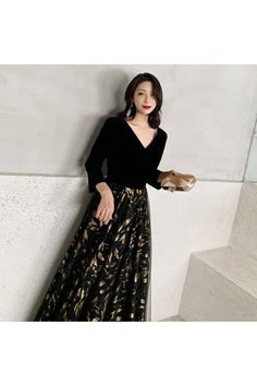 Shop Black With Gold Formal Evening Dress Vneck With Sleeves online. SheProm offers formal, party, casual & more style dresses to fit your special occasions. Black And Gold Dress Formal Classy, Black And Gold Dress Formal, Gold Formal Gown, Black Tie Event Outfit, Masquerade Outfit, Black Tie Dress Code, Gold Evening Dresses, Semi Formal Wear, Gold And Black Dress