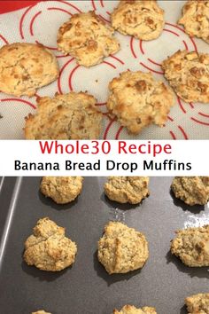 whole 30 recipe banana bread drop muffins on a baking sheet with text overlay