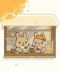 two bunnies are sitting at a table eating food