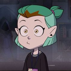 a cartoon character with green hair and brown eyes wearing a black shirt is looking at the camera