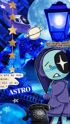 an image of a cartoon character holding a phone in front of the moon and stars