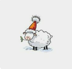 a drawing of a sheep with a party hat on it's head, standing in the snow