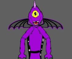 a purple creature with big yellow eyes and an orange nose, standing in front of a gray background