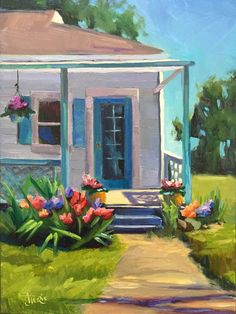 a painting of a house with flowers in the front yard