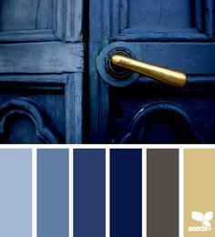 the color scheme is blue and gold, with an open door in the middle that has a golden handle on it