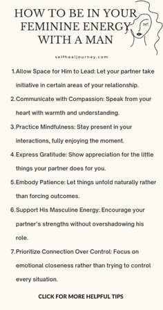 Discover the secrets to embracing your feminine energy with a man! Learn practical tips for deepening your connection and thriving in your relationship. Click to read more! What Do You Want In A Man, Men With Feminine Energy, Embracing Feminine Energy, Feminine Ways To Talk To Him, Masculine Man And Feminine Woman, How To Attract Men, Masculine Energy Man, Relationship Reflection, High Value Men Traits