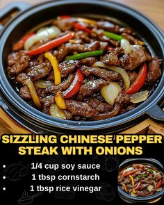 Sizzling Chinese Pepper Steak with Onions Sizzling Chinese Pepper Steak, Sizzling Chinese Pepper Steak And Onions, Chinese Pepper Steak Recipe Crock Pot, Sizzling Chinese Pepper Steak With Onions, Pepper Steak Recipe Chinese, Chinese Pepper Steak With Onions, Steak Chinese Recipes, Steak Stir Fry Sauce, Chinese Steak Recipes