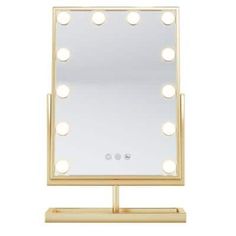 a lighted vanity mirror with lights on it's sides and a wooden stand underneath