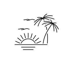 a palm tree with the sun in the sky and clouds above it, on a white background