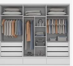 an open white closet with clothes and shoes