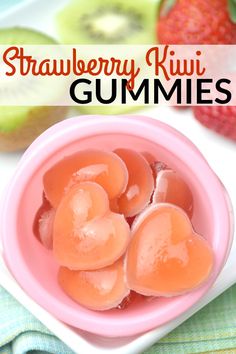 strawberry kiwi gummies are in a pink bowl