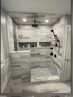 an image of a bathroom setting with tile flooring and shower area in the middle