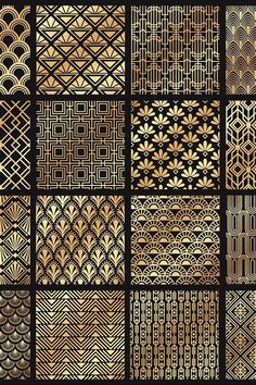 a set of gold and black art deco patterns