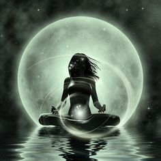 a woman is sitting in the water with her eyes closed and looking up at the moon