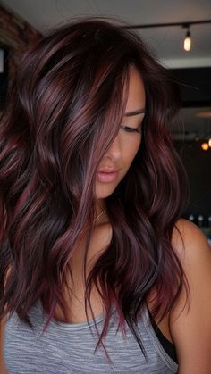 Burgundy Hair Lowlights, Dark Hair With Some Color, Brunette Hair For Summer 2024, Red Hair Color For Dark Hair, Burgundy Balayage With Money Piece, Merlot Highlights On Brown Hair, Red Violet Money Piece, All Over Color For Dark Hair, Brown With Plum Highlights