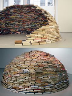 two pictures of books stacked on top of each other in the shape of a pyramid