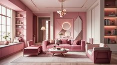 a living room with pink couches, chairs and tables in front of large windows