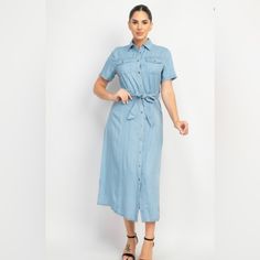 New With Tags Original Packaging A Woven Style Denim Dress Featuring A Collared Neckline, Button Down Closure, Seamed, Short Sleeves, Self-Tie Waist, Chest Pockets, And A Midi Length. Material: 100% Lyocell (Chambray Material) Color: Light Wash Brand: Haunte Monde Chambray Short Sleeve Dress With Pockets, Short Sleeve Chambray Dresses With Pockets, Denim Midi Dress With Pockets And Short Sleeves, Spring Denim Shirt Dress With Button Closure, Spring Light Wash Shirt Dress With Button Closure, Medium Wash Summer Dress With Buttoned Pockets, Casual Short Sleeve Denim Midi Dress, Medium Wash Short Sleeve Shirt Dress With Buttons, Button-up Medium Wash Shirt Dress