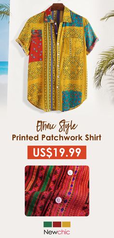 Mens Floral Printing Patchwork Ethnic Style Summer Short Sleeve Loose Casual Shirt. Patchwork Shirt, Floral Printing, Ethnic Style, Mens Fashion Summer