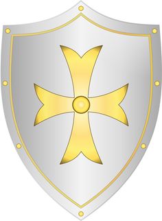 a gold and silver cross on a shield