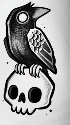 a drawing of a bird sitting on top of a skull