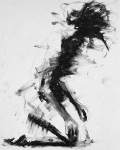 a black and white drawing of a woman with her hair blowing in the wind,