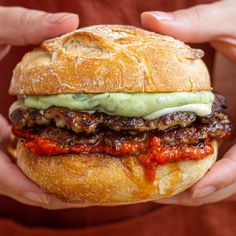 two hands holding a sandwich with meat, cheese and sauce on it in front of the camera