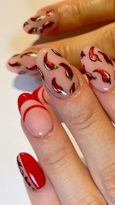 Pinup Nails Vintage Style, Chili Nail Art, Chilli Nail Art, Chili Pepper Nails, Chilli Nails, Chili Nails, Pepper Nails, Spicy Nails, Nail Halloween