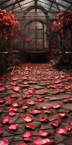 the inside of a greenhouse with lots of red flowers on the ground and petals in the floor