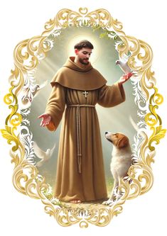 a painting of a man with a dog in front of him and the words jesus on it