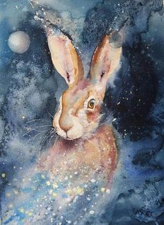 a painting of a rabbit in space with stars on it's head and eyes