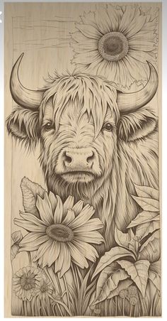 a drawing of a bull with sunflowers in front of it