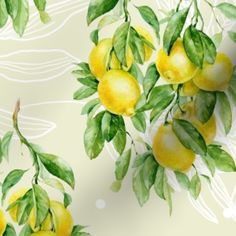 a painting of lemons and leaves on a yellow background