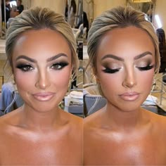 Makeup Looks For Pageants, Gold Smokey Eye Blue Eyes, Glamorous Wedding Makeup Brides, Natural Glam Makeup For Blue Eyes, Bold Wedding Makeup Looks, Dramatic Bridesmaid Makeup, Wedding Makeup Downturned Eyes, Day Time Glam Makeup, Wedding Makeup For Blue Eyes Smoky