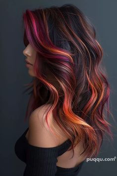 Dark Hair Vivids, Awesome Hair Color Ideas, Vibrant Hair Highlights, Hair Cut And Color Ideas For Brunettes, Colorful Tips Hair, Fantasy Color Balayage, Purple Copper Hair, Fall Fantasy Hair Color, Funky Summer Hair Color