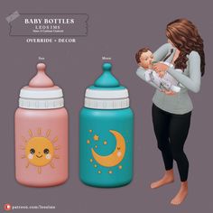 a woman holding a baby in her arms next to two bottles with sun and moon designs on them