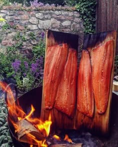 two large pieces of fish sitting on top of a fire pit