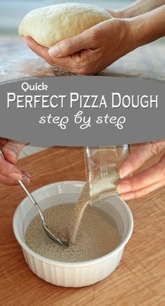 a person scooping dough into a bowl with a spatula in it and the words, quick perfect pizza dough step by step