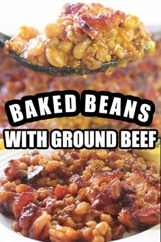 scoop with baked beans and plate with baked beans Sweet Beans Recipe, Sweet Baked Beans, Baked Beans With Ground Beef, Beans With Ground Beef, Easy Bean Recipes, Recipe With Ground Beef, Best Baked Beans