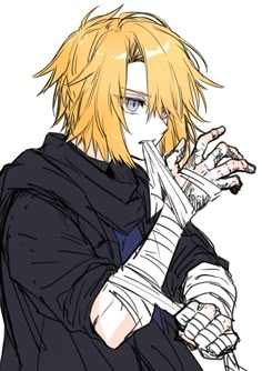 an anime character with blonde hair and black clothes holding his hands out to the side