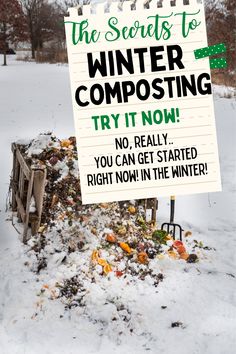 there is a sign that says the secrets to winter composting try it now no, really you can get started right now in the winter