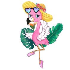 a pink flamingo with sunglasses on it's head and a flower in its beak